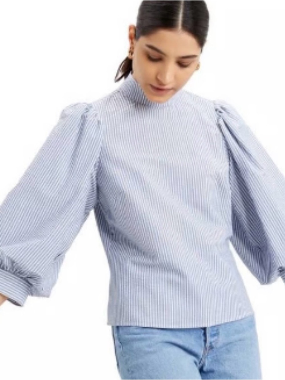 Levi's Blue & White Pinstripe Puff-Sleeve High Neck Top